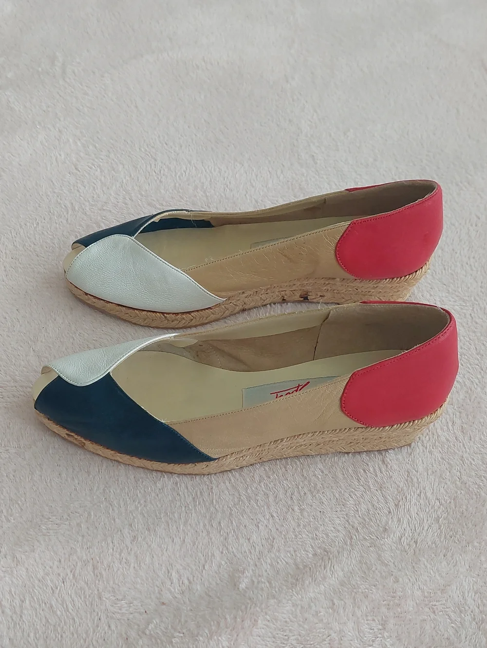 EVAN PICONE SPORT Peep-Toe Espadrille Wedges in Colors Navy, Gold, White & Red